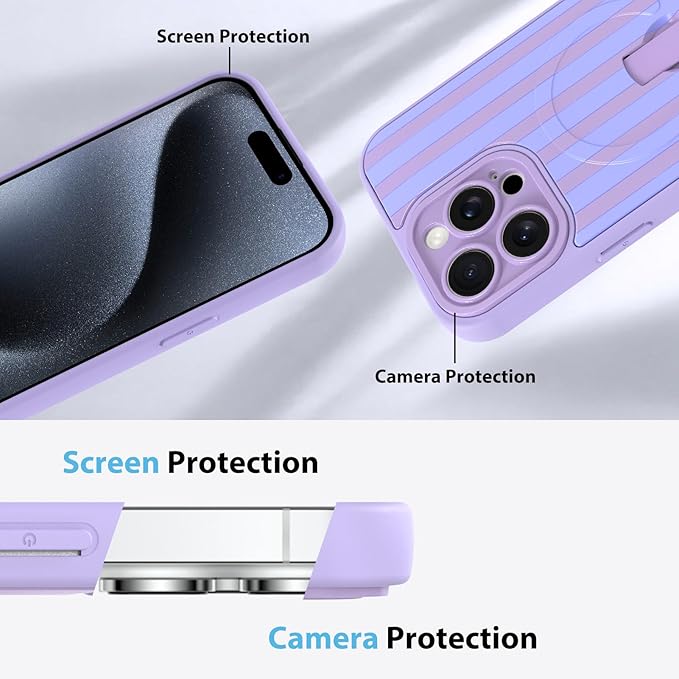 KANGHAR Compatible with iPhone 15 Pro Case, Support for MagSafe, Silicone Stripes Cute Pattern, Wristband Kickstand Camera Protection Soft Slim Cover for Girls Women -Purple