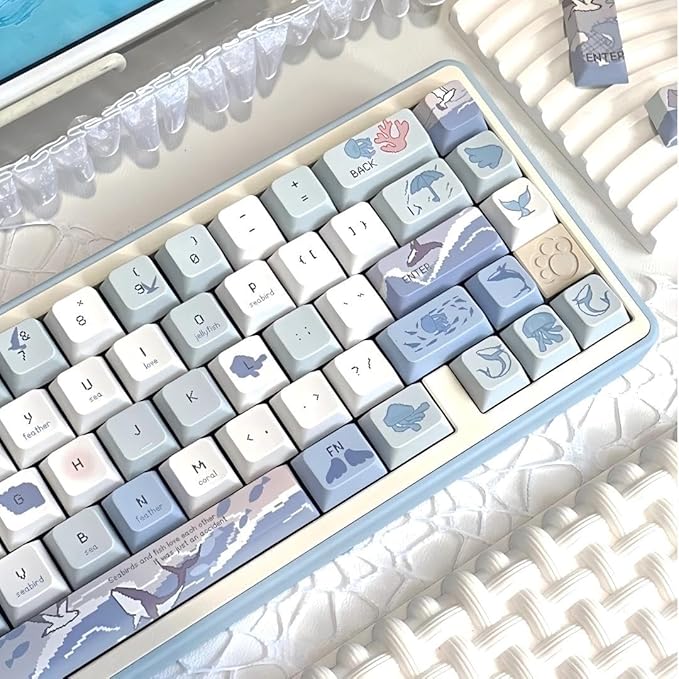 Blue White PBT Keycaps-Ocean Theme Keycaps 60 75 100 Percent, Cute Key caps Custom 118 Keys, Cherry Profile for 61/68/84/87/98/100 Cherry Gateron MX Mechanical Gaming Keyboards
