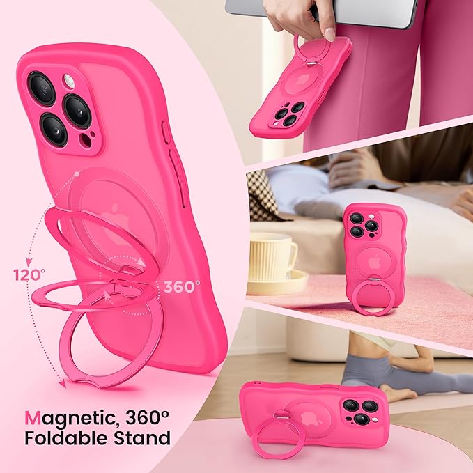 CAPRARO for iPhone 13 Pro Max Case with 360° Spin Magnetic Stand for Women, [Compatible with MagSafe] [Full Camera Protection] Cute Wave Translucent Matte Case for iPhone 13 Pro Max, Hot Pink