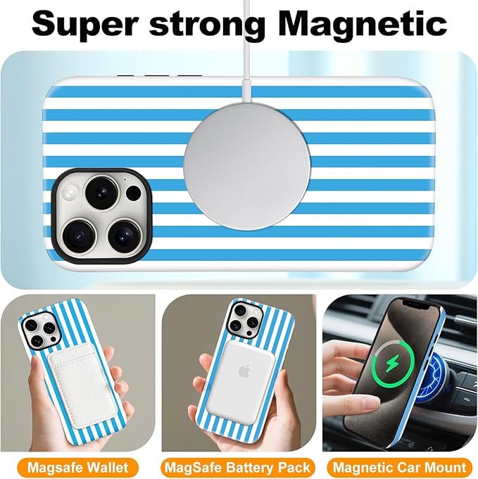 Magnetic for iPhone 15 Pro Max Case Cute Stripes Phone Case, Shockproof Slim TPU and Hard PC Protective Phone Cover Compatible with MagSafe Designed for Women Girls, Deep Blue