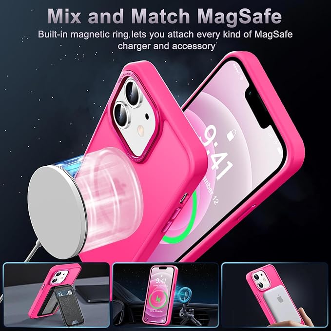 Newfuture Designed for iPhone 12 Case/iPhone 12 Pro Case with Magnetic [13 FT Military Drop Protection] [Compatible with Magsafe] Translucent Shockproof with Anti-Fingerprint Phone Case, Hot Pink