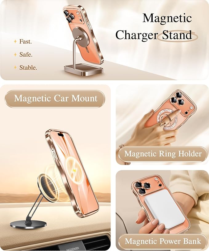 GVIEWIN for iPhone 17 Pro Case Compatible with MagSafe, Upgraded [Full Camera Protection][Cute Wave Frame][Military Grade Protection] Electroplated Hard Phone Cover for Women Girl, Clear/Rose Gold