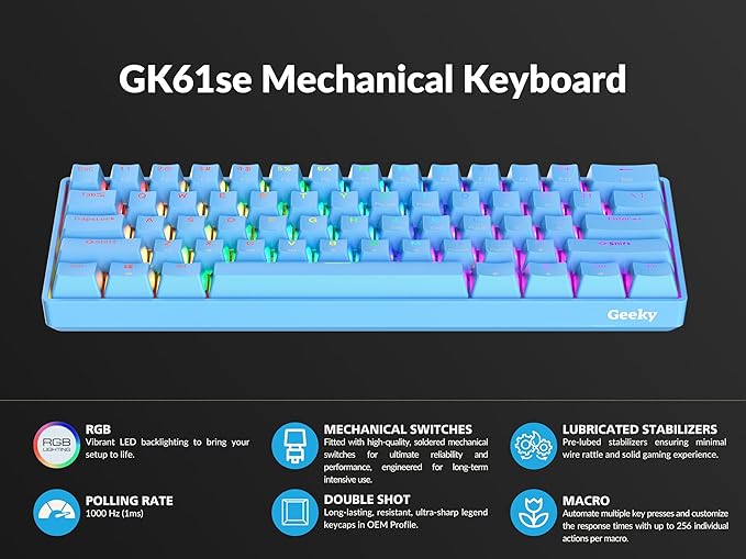 Geeky GK61 SE 60% | Mechanical Gaming Keyboard | 61 Keys Multi Color RGB LED Backlit for PC/Mac Gamer | ANSI US American Layout (Blue, Mechanical Speed Yellow)
