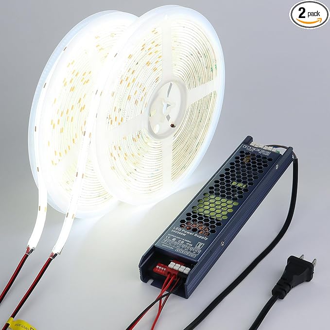 BENLUN 24V COB LED Strip Light Outdoor Waterproof 65.6ft (2 Rolls of 32.8ft), 6000K Cool White 11W/M 312LEDs/M CRI 93 LED Tape Light with Power Supply for Bedroom Courtyard Living Room Ceiling
