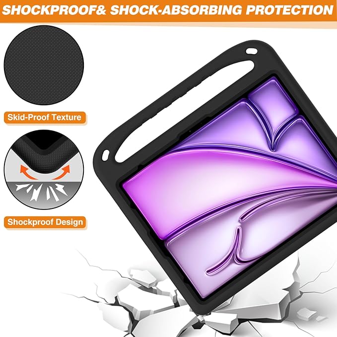 for iPad Air 11" M4 M3 M2 2026 2025 2024 Case for Kids, iPad Pro 11 Inch M5 M4 Case 2025 2024, Soft EVA Handle with Shoulder Strap Stand Cute Kids Friendly Bumper Cover, Black