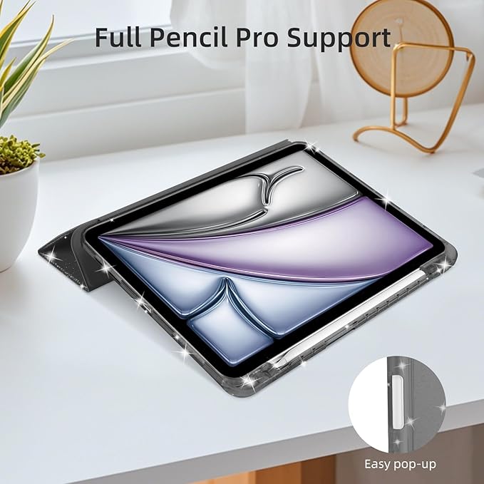 Case for iPad Air 13 Inch (M4/M3/M2, 2026/2025/2024) & iPad Pro 12.9 6/5th Gen (2022/2021), Glittering Sparkly Cover with Shiny Clear Back Shell, Trifold Stand Case with Pencil Holder, Black
