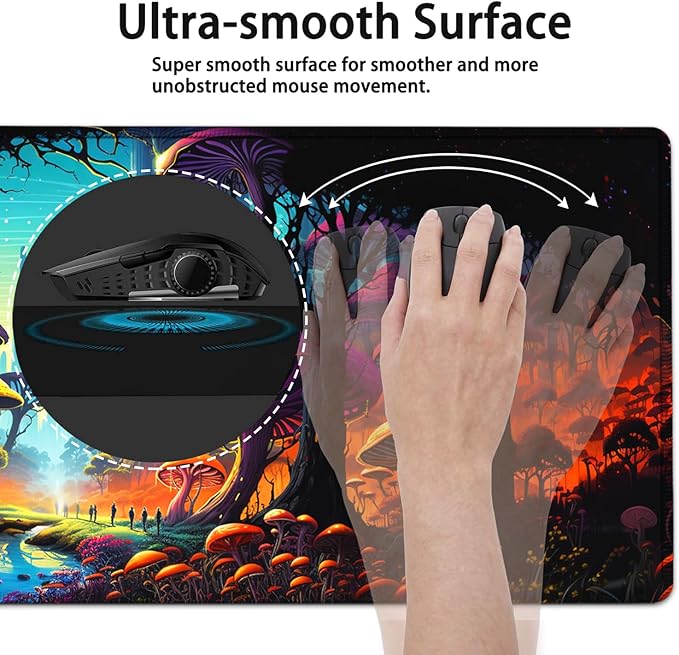 Large Mouse Pad, 31.5 x 11.8in Extended Gaming Mouse Pad with Stitched Edges, XXL Mousepad Protector Non Slip Rubber Base for Office & Home Writing Mat, Colorful Mushroom Forest Pattern Black Desk Mat
