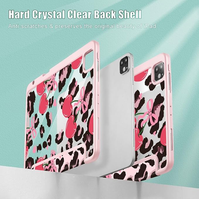 Mektron Case for iPad Pro 11 inch Case M2 2022 Generation 4th, Fit 2021 2020 2018 iPad Pro 11" (3rd, 2nd & 1st Gen) -Buit in Pencil Holder with Shockproof Cover Clear Shell, Cherry & Cheetah