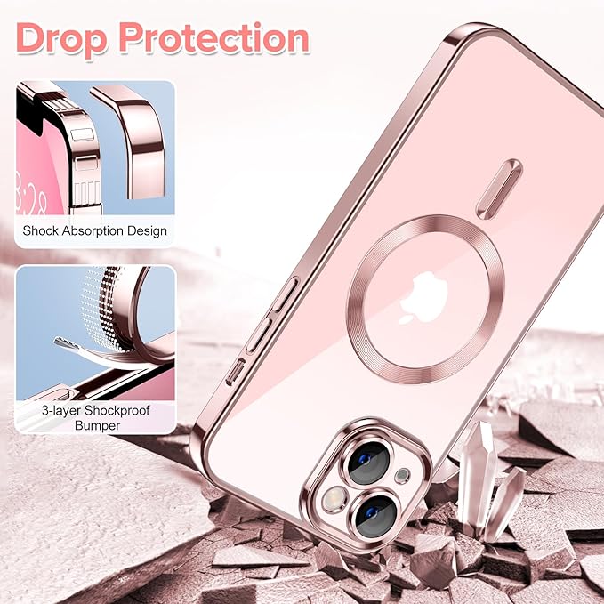 Hython Magnetic Clear for iPhone 13 Case with Camera Lens Protector [Compatible with MagSafe] Luxury Plating Edge Slim Soft TPU Cover Protective Phone Case for iPhone 13 6.1", Pink