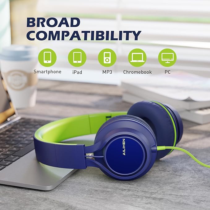 AILIHEN C8 Headphones Wired, On-Ear Headphones with Microphone and Volume Control, Corded 3.5mm Headset for Boys Girl School Smartphones Chromebook Laptop Computer Tablets Airplane Travel (Blue Green)
