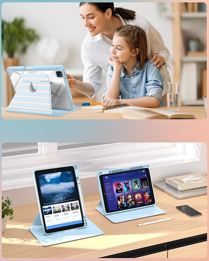 Uppuppy for iPad Air 13 inch Case(Air M4 2026/M3 2025/M2 2024), for iPad Pro 12.9 Case(6th/5th/4th/3rd/2nd/1st Gen) - 360 Rotating Smart Folio Cover with Pencil Holder for Women Girls, BW Stripes