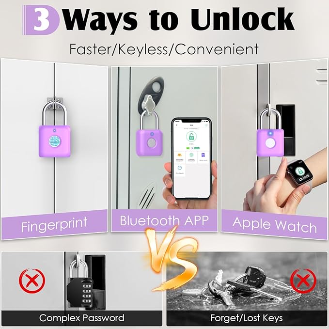 Fingerprint Padlock,Smart Padlock APP Control,Gym Locker Lock,Fingerprint Lock USB Rechargeable for Gym Locker,Locker, School,Storage Purple
