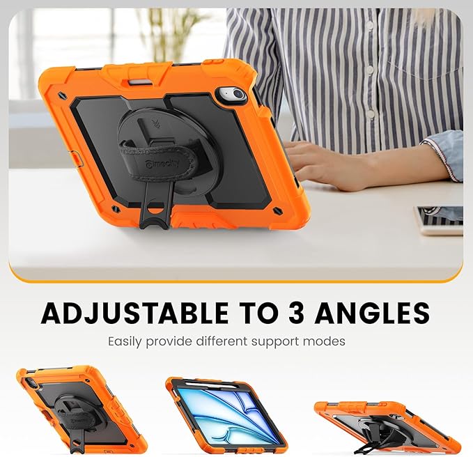 timecity Case for iPad Air 11 Inch M4 / M3 / M2 (2026/2025/ 2024), 360° Rotating Stand, Pencil Holder & Wireless Charging, Shockproof with Screen Protector & Shoulder Strap - for Designers, Orange