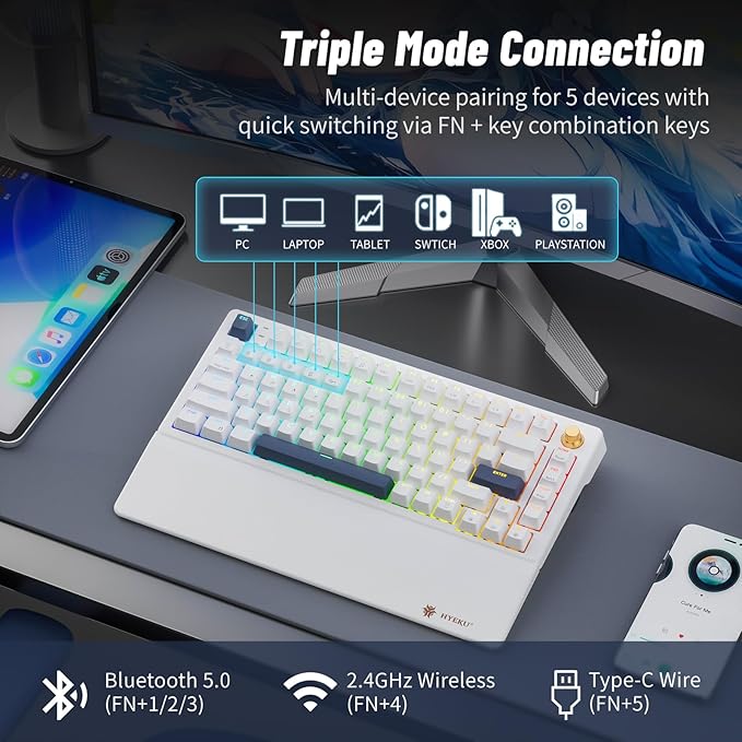 Wireless Mechanical Keyboard with Wrist Rest, Hot Swappable Custom Keyboard with Knob, RGB Backlit, Pre-lubed Clicky Switches, 2.4GHz/USB-C/BT5.0 Mechanical Gaming Keyboards for Win/Mac (White)