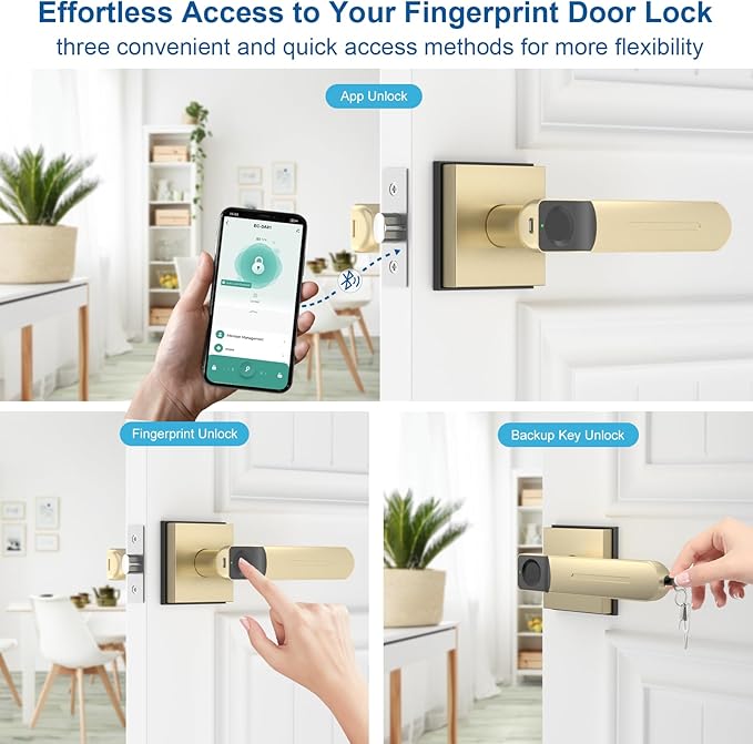 Fingerprint Door Lock & Biometric Door Knob with App – 3-in-1 Keyless Entry Smart Door Lock with Auto-Lock & Interior Lockable, Secure Your Home, Office, Bedroom & Apartment Gold