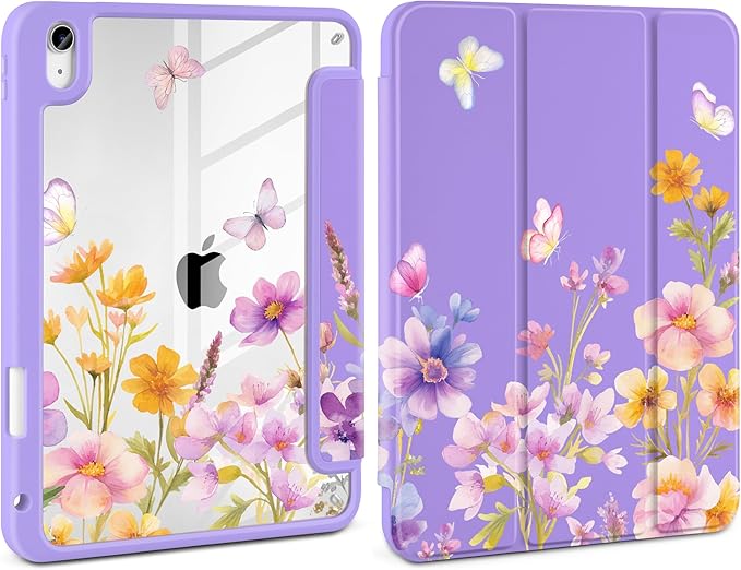 Case for iPad Air 11 inch M4 2026 M3 2025 M2 2024,iPad Air 5th (2022) / 4th (2020) 10.9 Inch Clear Back Shell Lightweight TPU Trifold Stand Auto Wake Sleep Cute Cover, Watercolor Flower