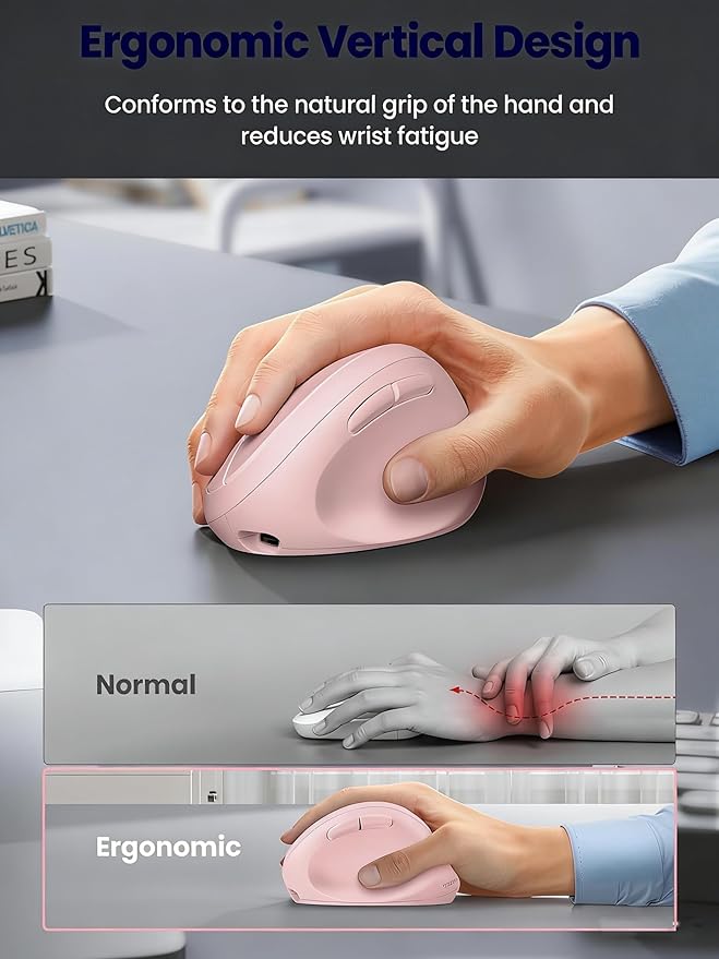 Ergonomic Mouse, Bluetooth Wireless Vertical Mouse, Rechargeable Battery, Quiet Clicks, DPI Adjustable, BT5.0/3.0 & 2.4G Connect, Easy to use, Wide Compatibility (Pink)