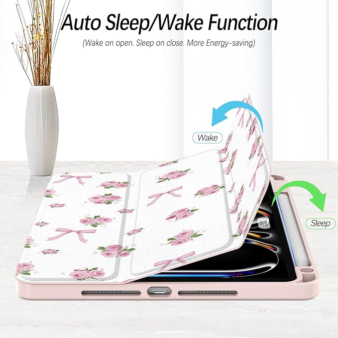 Case for iPad Pro 11-Inch M5/M4 2025/2024 (6th/5th Generation), Case with Pencil Holder, Clear Back Cover Cute Cool Design for Women Girls, Auto Sleep/Wake, Bow Rose