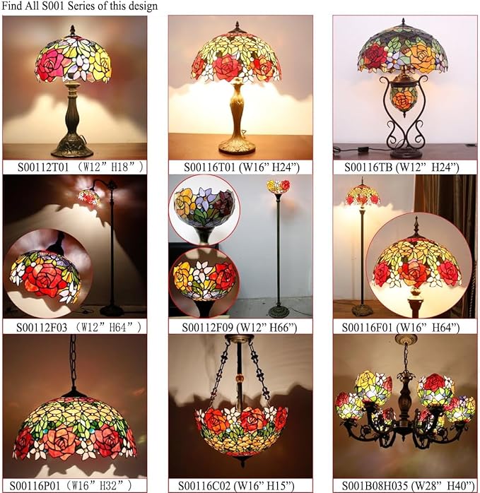 WERFACTORY Tiffany Lamp Stained Glass Table Lamp Red Rose Flower Bedside Desk Reading Light 12X12X22 Inches Decor Bedroom Living Room Home Office S001 Series