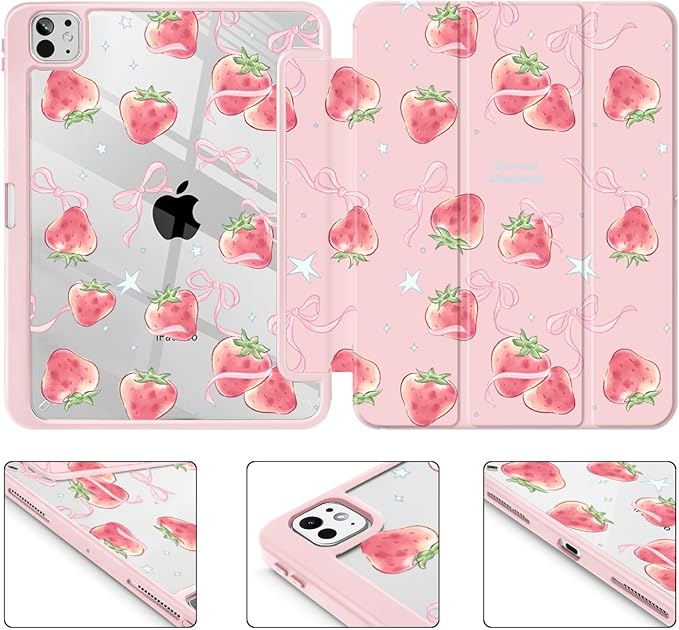 May Chen Case for iPad Pro 11-Inch M5/M4 2025/2024 (6th/5th Generation), Clear Transparent Print Back Shell Slim Stand Shockproof Tablet Cover, Auto Wake/Sleep, Bow Strawberry