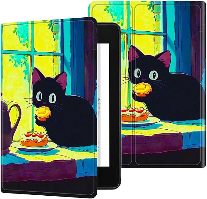 for 6.8" Kindle Paperwhite (11th Generation 2021) and Kindle Paperwhite Signature Edition Case, Slim Kickstand Stand Leather Smart Cover with Auto Wake/Sleep, Black Cat Egg