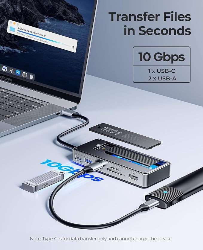 ORICO USB-C Hub with M.2 SSD Enclosure, 8-in-1 USB C Docking Station Fits M.2 NVMe/SATA SSD, 10Gbps, 4K@60Hz HDMI, 100W PD, SD/TF Card Reader