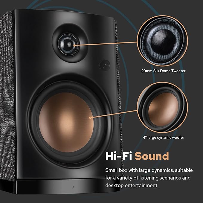 HiVi-Swans OS-10 HiFi Stereo Speakers, Bluetooth 5.0 Active Computer Bookshelf Speakers - 4'' Dynamic Woofer, Powered Desk Speakers 62w RMS with Touch Control for PC/Phone/TV - Black