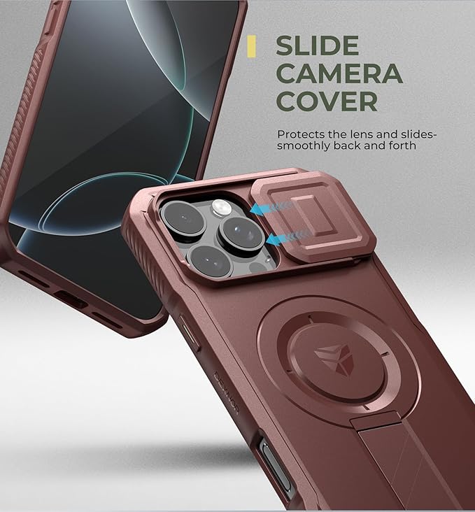 Dexnor for iPhone 16 Pro Max Case with Slide Camera Cover & Adjustable Kickstand, Magnetic Rugged Shockproof Bumper Cases Heavy-Duty Magnetic Protective Cover,Maroon Red