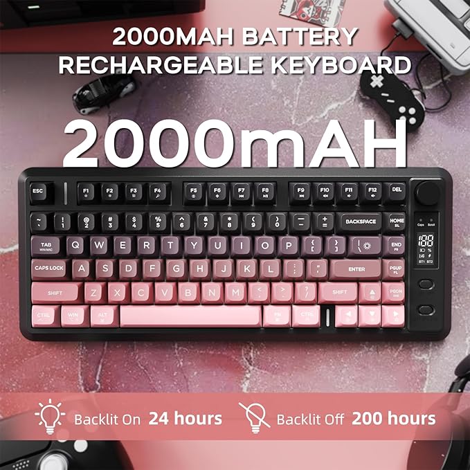 FREEWOLF M75 Wireless Gaming Keyboard Mechanical Feel Membrane with Knob & OLED Display Bluetooth/2.4Ghz Rainbow Backlit Gradient PBT Keycaps 2000mAH Battery Anti-Ghosting-Pink