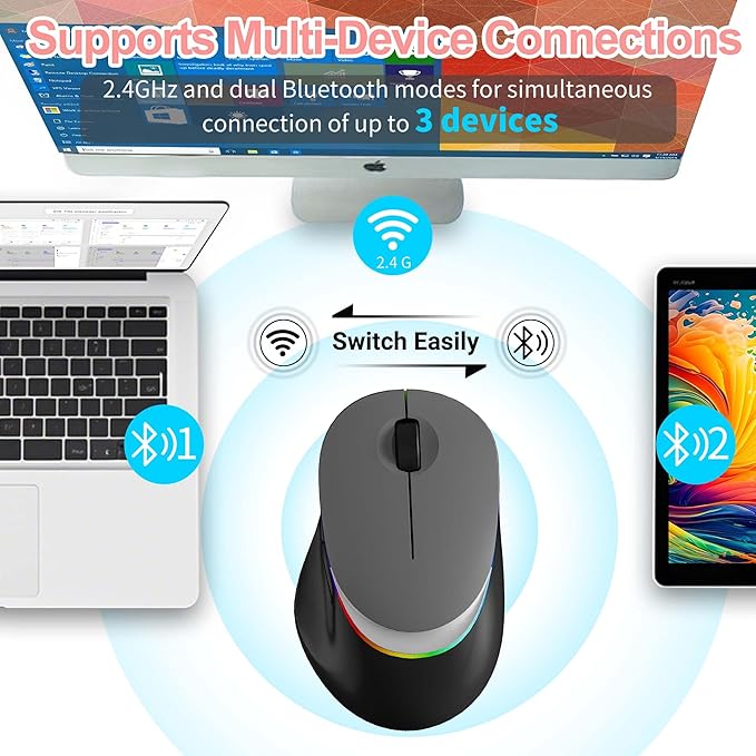 Ergonomic Vertical Mouse Wireless Bluetooth Rechargeable Silent Portable Ergo Mice with RGB LED Light & 2.4G USB Receiver, for PC Laptop Tablet Computer, Office Home, Adult Student Kids Gift-Grey
