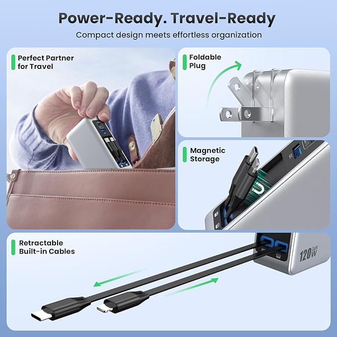 USB C Charger Block 120W with Built-in 2 Retractable Cables,4-in-1 GaN IV Charger Fast Charging Foldable Plug Wall Charger,PD 65W Laptop Charger for MacBook,iPad,iPhone 17/16/15,Galaxy,Android-Silver