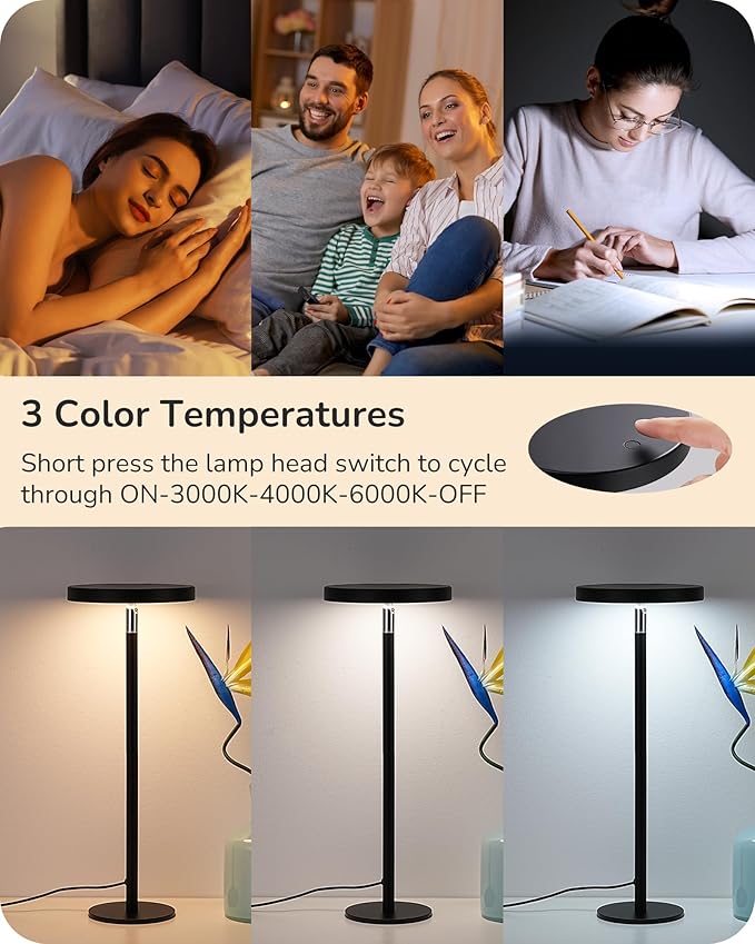 EDISHINE LED Table Lamp with 2 Adjustable Height, 5%-100% Dimmable & 3 Color Temperature, Touch Control, Modern Desk Lamp for Home Office, Living Room, Black