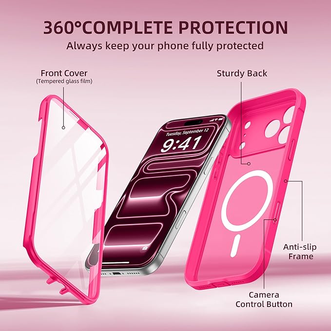 BERFY for iPhone 17 Pro Max Case, Compatible with MagSafe, Built-in Glass Screen Protector, Camera Protection, Shockproof Full Body Phone case 6.9", Translucent Hot Pink