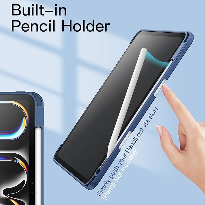 JETech Case for iPad Pro 11-Inch M5/M4 2025/2024 (6th/5th Generation) with Pencil Holder, Clear Transparent Back Shell Slim Stand Shockproof Tablet Cover, Auto Wake/Sleep (Navy)