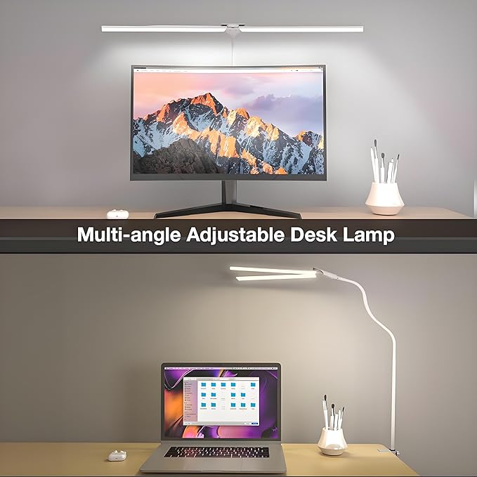 Hensam LED Desk Lamp with Clamp, Double Head Desk Light for Home Office, Dimmable Desktop Light, 12W 1400lm Eye-Caring Architect Table Lamp for Workbench Monitor Computer Reading Study, White