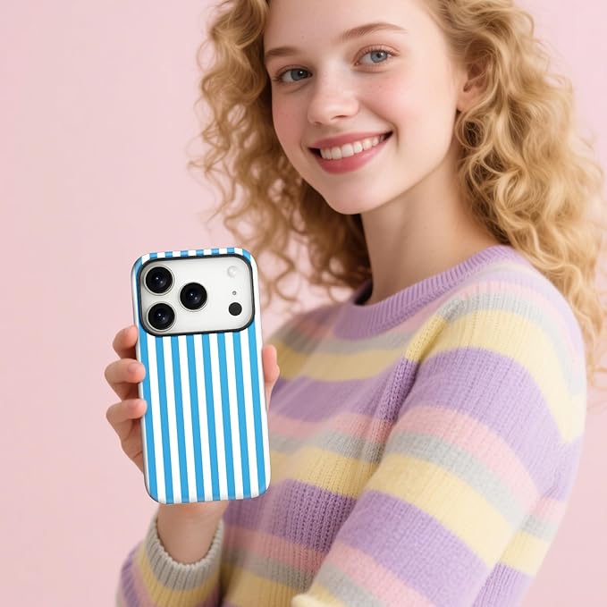 Magnetic for iPhone 17 Pro Case Cute Stripes Phone Case, Shockproof Slim TPU and Hard PC Protective Phone Cover Compatible with MagSafe Designed for Women Girls, Deep Blue