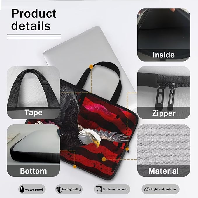 13 Inch American USA Flag Eagle Laptop Sleeve, Protective Tablet Case with Handle, Patriotic Computer Bag Carrying Case Notebook Cover Messenger Briefcase for Travel/Business/School