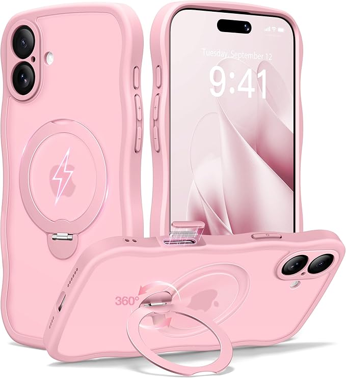 CAPRARO for iPhone 16 Plus Case with 360° Spin Magnetic Stand for Women, [Compatible with MagSafe] [Full Camera Protection] Cute Wave Translucent Matte Case for iPhone 16 Plus, Peach Pink