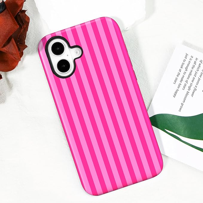 Magnetic for iPhone 17 Case Cute Stripes Phone Case, Shockproof Slim TPU and Hard PC Protective Phone Cover Compatible with MagSafe Designed for Women Girls, Deep Pink