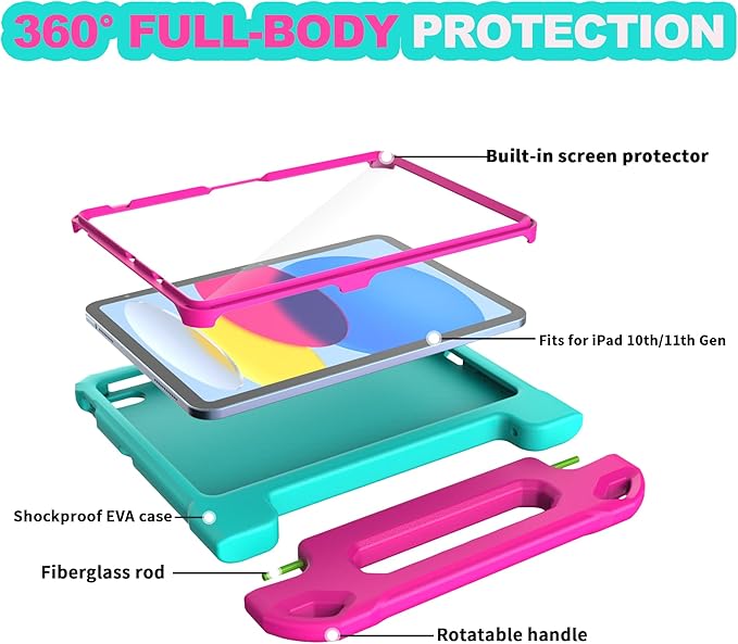 YIHE Kids Case for iPad (A16) 11th Generation 11 Inch 2025 & iPad 10th Generation 10.9 inch 2022, with Built-in Screen Protector and Handle Stand, Full Body Shockproof Protective Cover, CyanPink