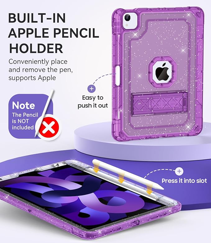 ZoneFoker Case for iPad Air 5th/4th Generation Case (2022/2020) 10.9'', for iPad Pro 11 Inch (4th/3rd/2nd/1st Gen), Hard Sturdy Slim Cover for iPad Air 5 4 th with Pencil Holder/Stand, Purple Glitter