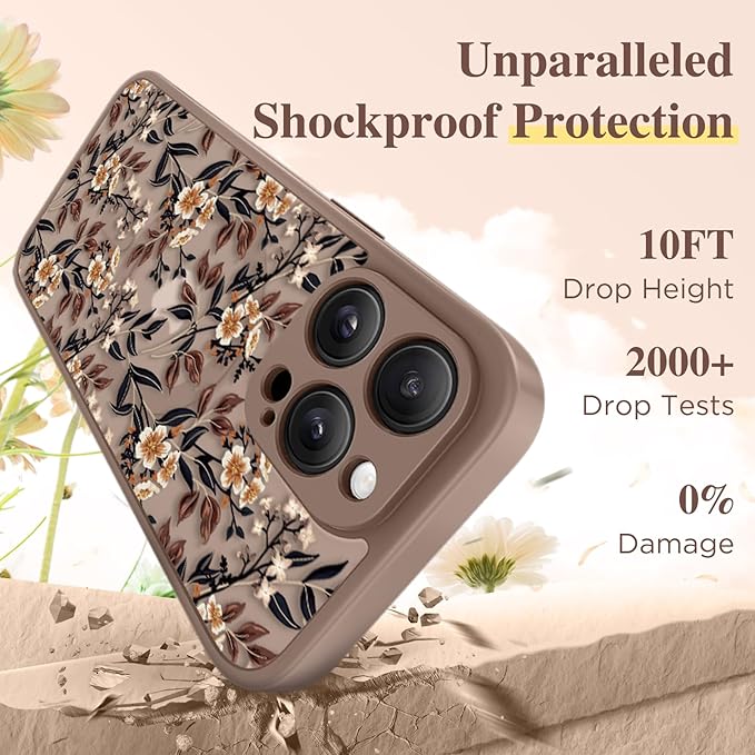 GVIEWIN for iPhone 15 Pro Case Compatible with MagSafe, [Military Grade Protection] [Screen Protector] Full Camera Protection Floral Translucent Women Magnetic Phone Case, Bunchflower/Brown