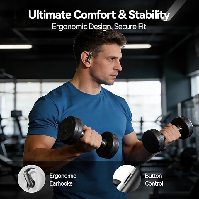 Wireless Ear Buds with Ear Hooks Bluetooth 6.0 Headphones,48H Playtime,Over Ear Buds with LED Power Display,IPX6 Waterproof for Sport Workout Running (Black)