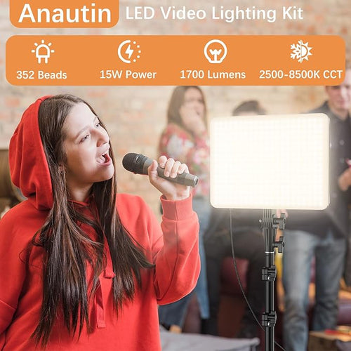 1-Pack LED Video Lighting Kit, Anautin 15W/1700Lux Photography Lighting with Tripod Stand, 2500-8500K Dimmable Streaming Light for Video Recording, Gaming, Podcast, Barber, Salon, TikTok, YouTube