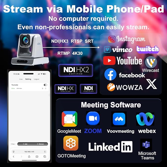 zowietek 4K PTZ Camera(Native NDI|HX3), ZowiePTZ, Ergo-Ease Remote Control, ZowieX APP Manager, 18X Optical+12X Digital Zoom, SDI/HDMI/USB, RTSP/RTMP(s)/SRT Stream, Meeting, Church, Event, Teaching