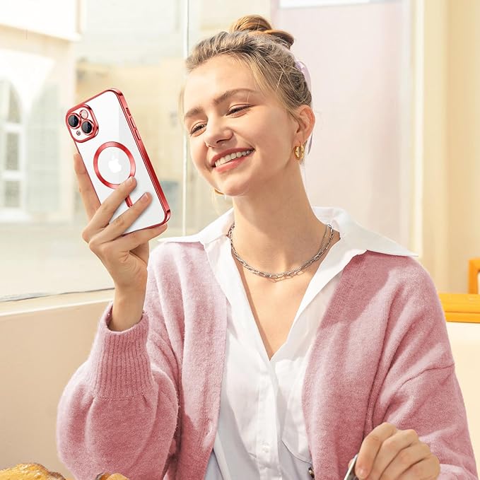Hython Magnetic Clear for iPhone 14 Case with Camera Lens Protector [Compatible with MagSafe] Luxury Plating Edge Slim Soft TPU Cover Protective Phone Case for iPhone 14 6.1", Red