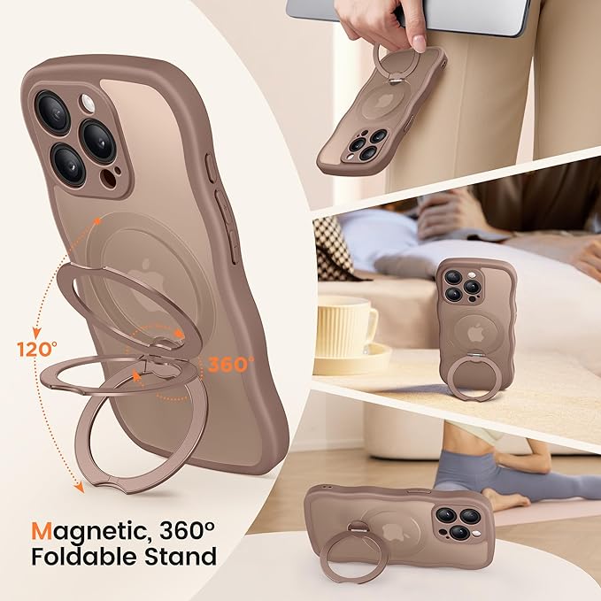 CAPRARO for iPhone 13 Pro Max Case with 360° Spin Magnetic Stand for Women, [Compatible with MagSafe] [Full Camera Protection] Cute Wave Translucent Matte Case for iPhone 13 Pro Max, Brown