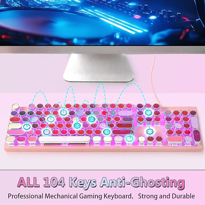 HUO JI Mechanical Gaming Keyboard Typewriter Style with RGB Side Lit and Purple LED Backlit, Retro Style, Blue Switches - Clicky, Metal Panel, Lipstick 104 Keys USB Wired for Mac, PC, Cute Pink