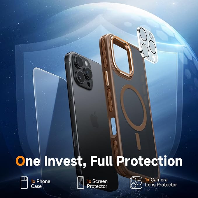 Magnetic 3 in 1 for iPhone 16 Pro Case, [Omni-Directional Protection] with 1x Screen Protector + 1x Camera Cover, [Seamless Work with Magsafe] Shockproof Slim Thin Matte Case for iPhone 16 Pro Brown
