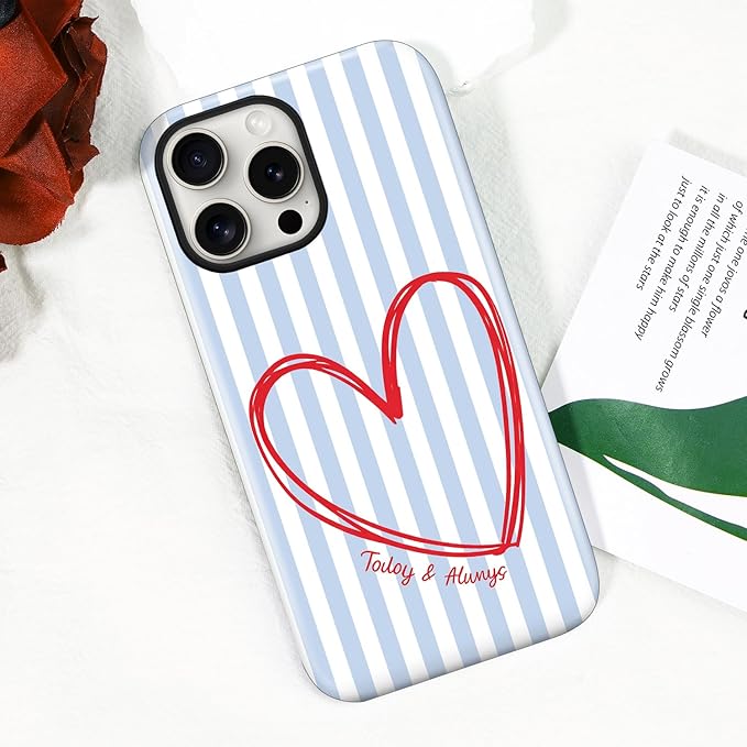 Magnetic for iPhone 15 Plus Case Cute Blue Heart Stripes Phone Case, Love Shockproof Slim TPU and Hard PC Protective Phone Cover Compatible with MagSafe Designed for Women Girls